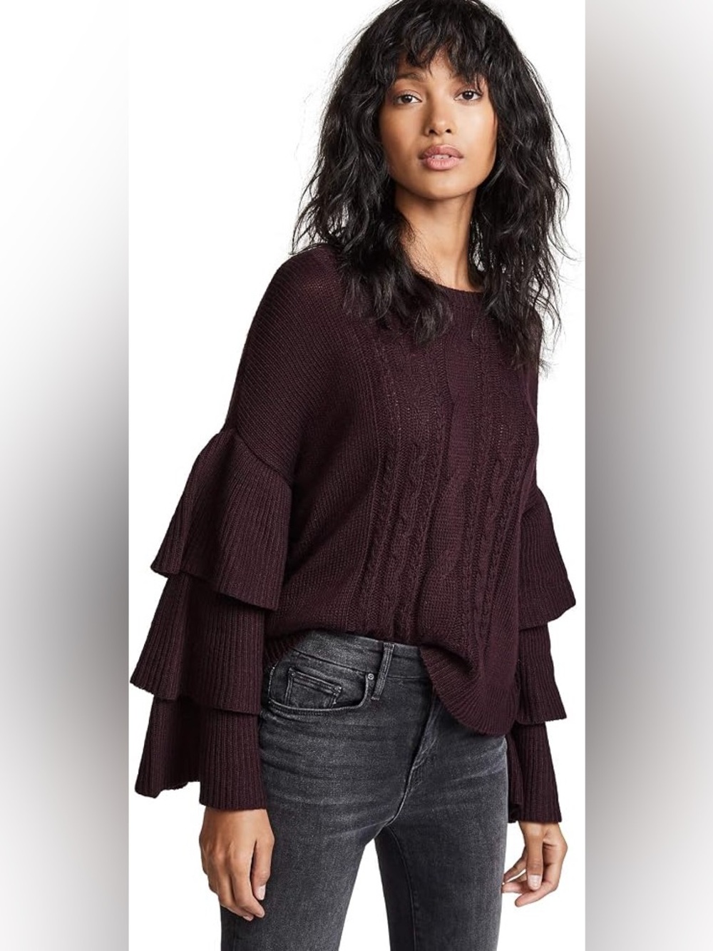 Cupcakes & Cashmere Kristin Dramatic Sleeve Cable Sweater in Maroon Size S